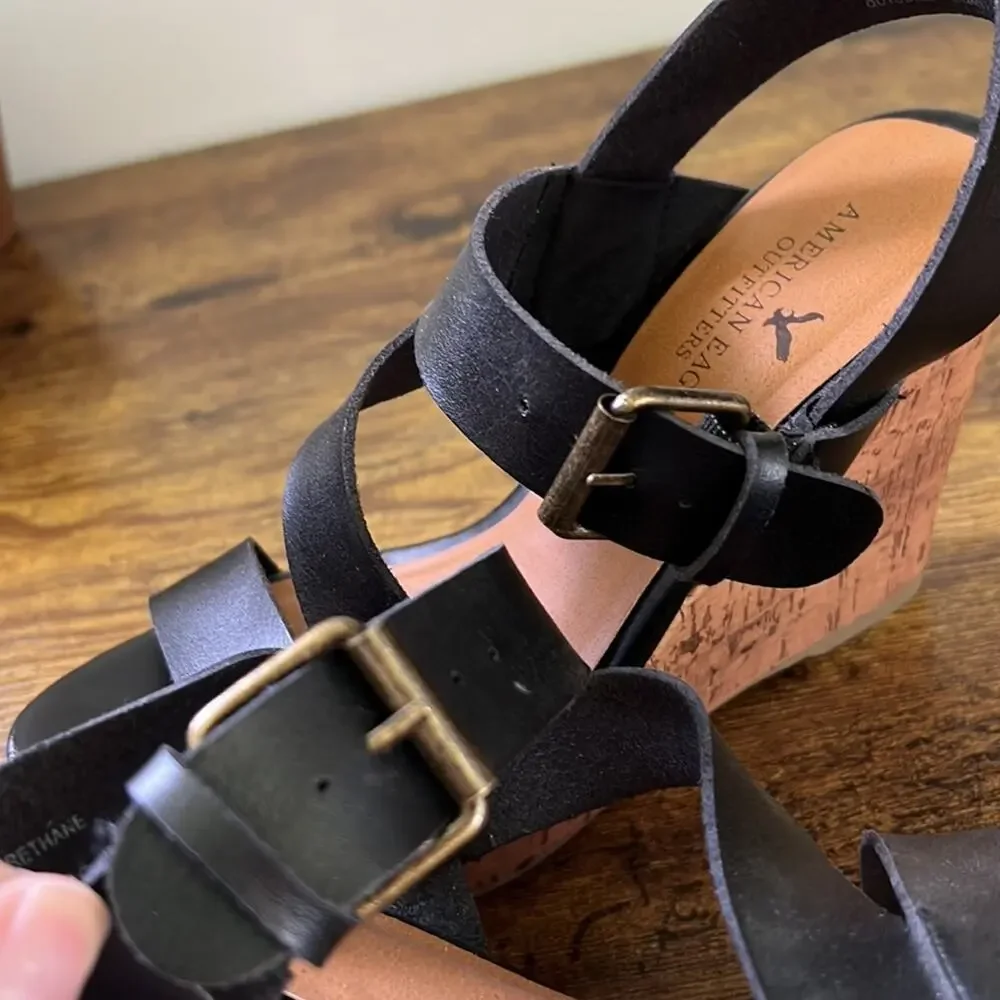 American Eagle Black Thick Strappy Cork Open Toe Platforms